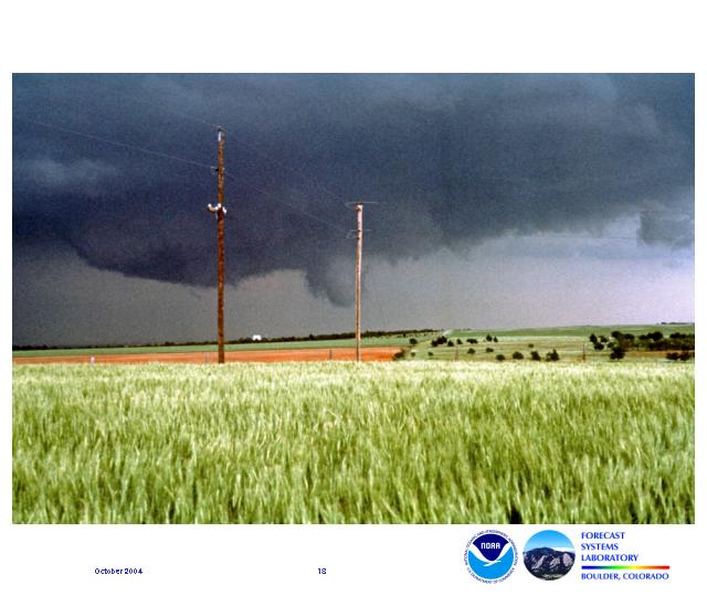 A protruding bulge from the wall cloud descends halfway to the ground early in the life cycle of the Union City Oklahoma tornado.