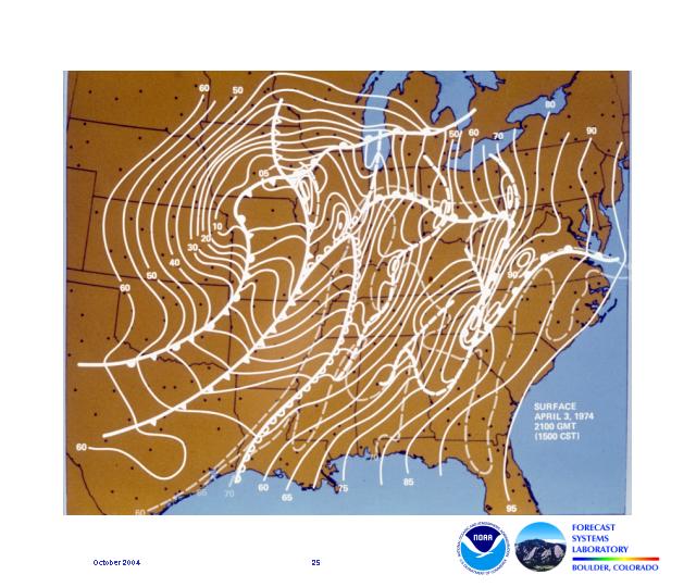 A surface map analysis shows the location of frontal boundaries and the dryline as they occurred during the Super Outbreak that affected 13 states on May 3, 1974 at 1500 CST.