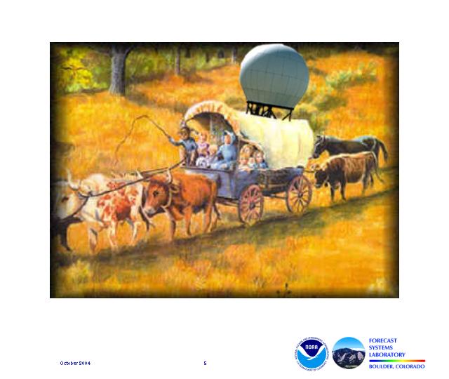 The image is a cartoon of a painting of a family in an ox-drawn covered wagon which is outfitted with a Doppler radar dome.