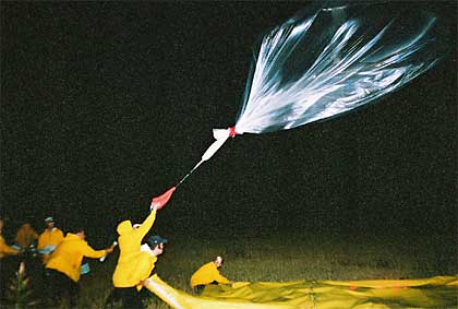 Image shows team members releasing a polyhelium balloon into the night sky during a night time balloon launch