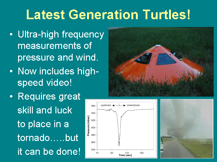 Latest generation turtles, which look like squat orange cones, include high-speed video and ultra-high frequency measurements of pressure and wind