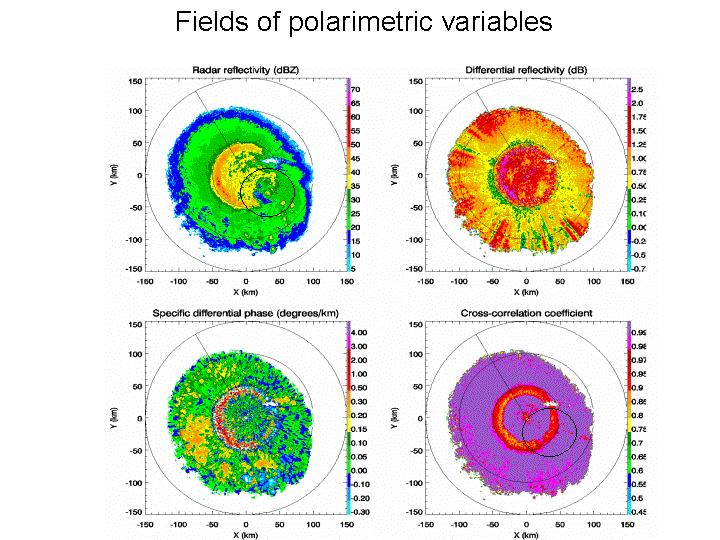 Examples of fields of polarimetric variables include radar reflectivity, defferential reflectivity, specific differential phase, and cross-correlation coefficient