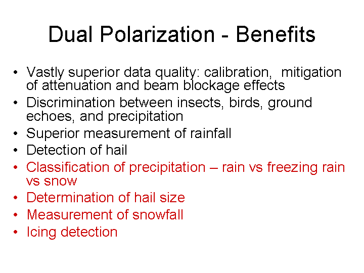 Benefits from dual-polarization include superior data quality, discrimination between precipitation and ground echoes and birds, hail detection and size, superior rainfall measurement, precipitation classification, snowfall measurement and icing detection.