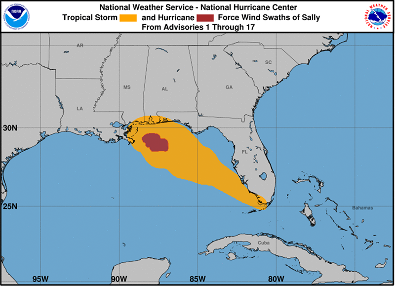 Map of the southeastern United States showing Hurricane Sally wind history stretching from the southern tip of Florida to Lousiana/Alabama/Mississippi Gulf coast. The bulk of the wind history is yellow, indicating tropical storm winds, with a red bullseye at the end indicating hurricane level winds south of Alabama and Mississippi