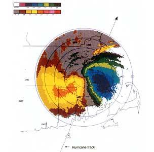The Doppler velocity field of Hurricane Bob at 1902 UT, 19 August 1991, observed with the TDWR radar in eastern Massachusetts.