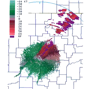 The Doppler velocity field of a cold front passing a stationary dry front observed with the Oklahoma City WSR-88D Doppler radar on 30 April 1991, 2220 UT.
