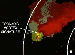 A tornadic vortex signature, the small red and yellow area indicated by the arrow, is visible in this horizontal scan of Doppler velocity data from the Binger tornado on May 22, 1981.