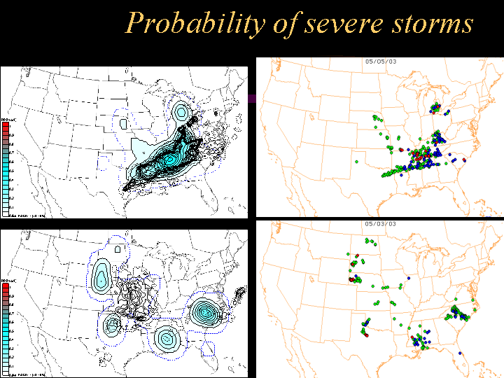 Image shows two sets of contour maps comparing modeled with observed severe storm probabilities