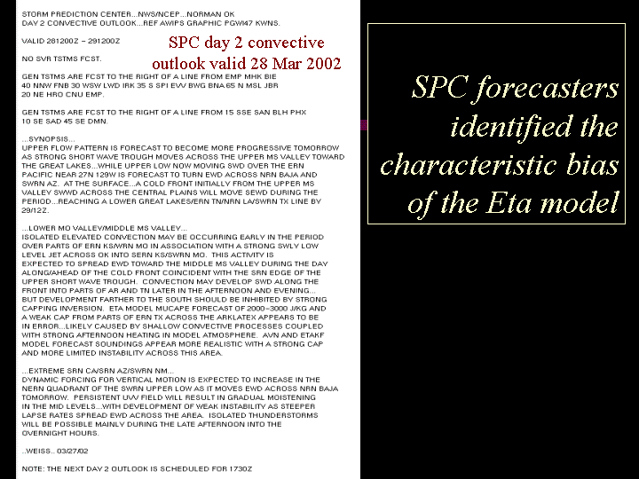 SPC forecasters found characteristic bias in Eta model in this 2-day convective outlook