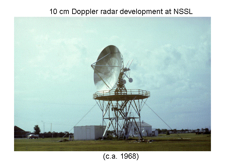 NSSL's 10cm radar before it was enclosed in a permanent building with a radome