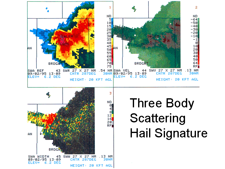Picture shows radar images of reflectivity, velocity, and spectrum width with the data field extending to the WNW in a pattern characteristic of a hail signature