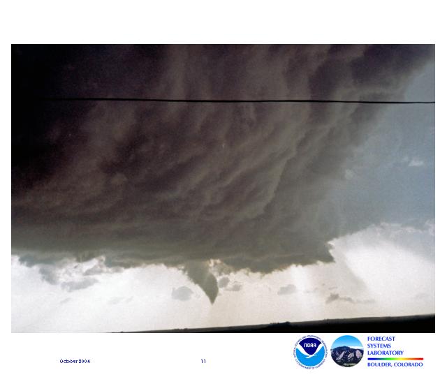 A small funnel extends halfway to the ground from a loweded cloud base.