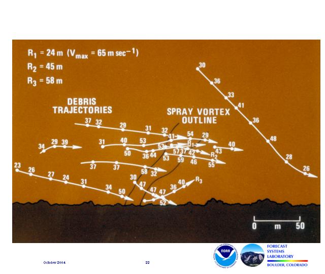 This schematic shows an outline of the vortex and the deduced debris trajectories and velocities.