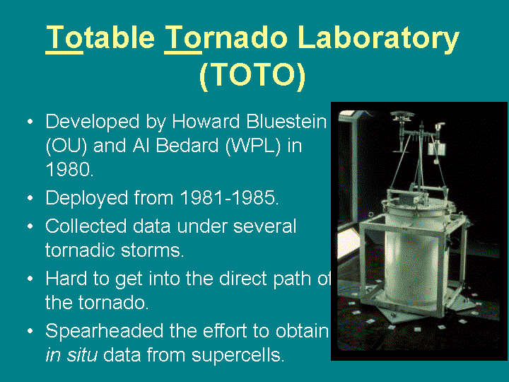 The Totable Tornado Laboratory, an instrumented 55 gallon cylinder, was hard to position in the direct path of a tornado.
