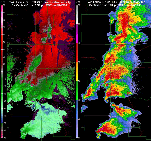 Central Oklahoma radar reflectivity and storm relative velocity images