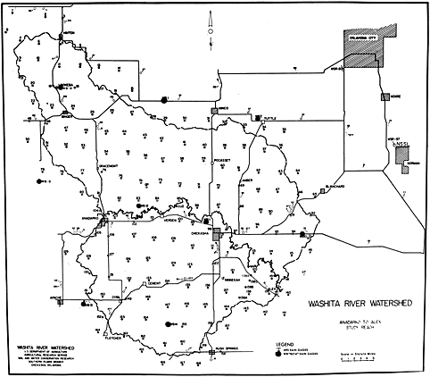 Network of 173 recording rain gages in the Washita River Watershed