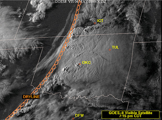 Visible satellite image with dryline osition superimposed