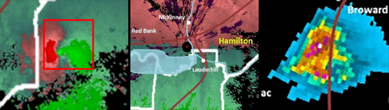 Velocity couplet; radar location; hail signature