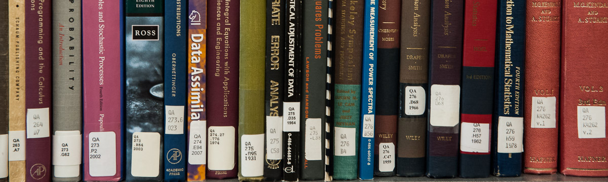 Books in the library at the National Weather Center