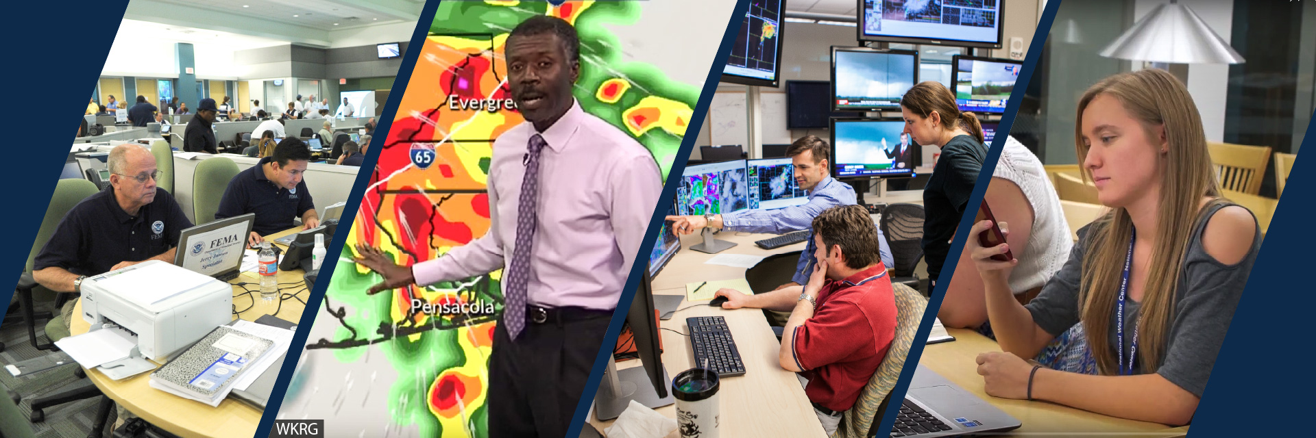 Images of emergency management workers, TV forecaster, NWS researchers, person looking at a mobile phone