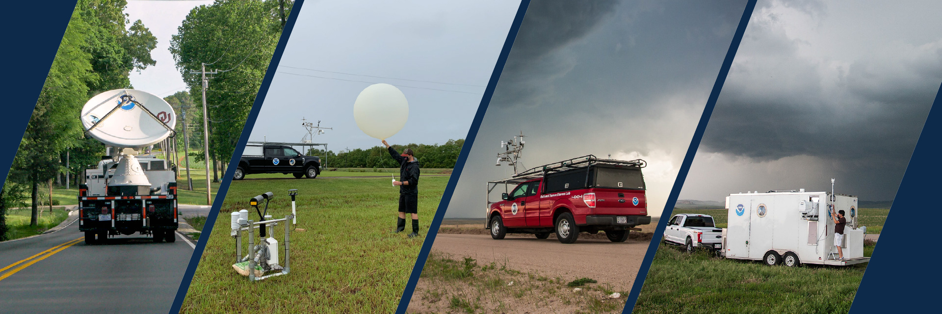 Images of mobile radar, CLAMPS trailer, balloon launch, mobile mesonet