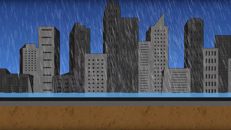 Drawing of rain falling on a city skyline