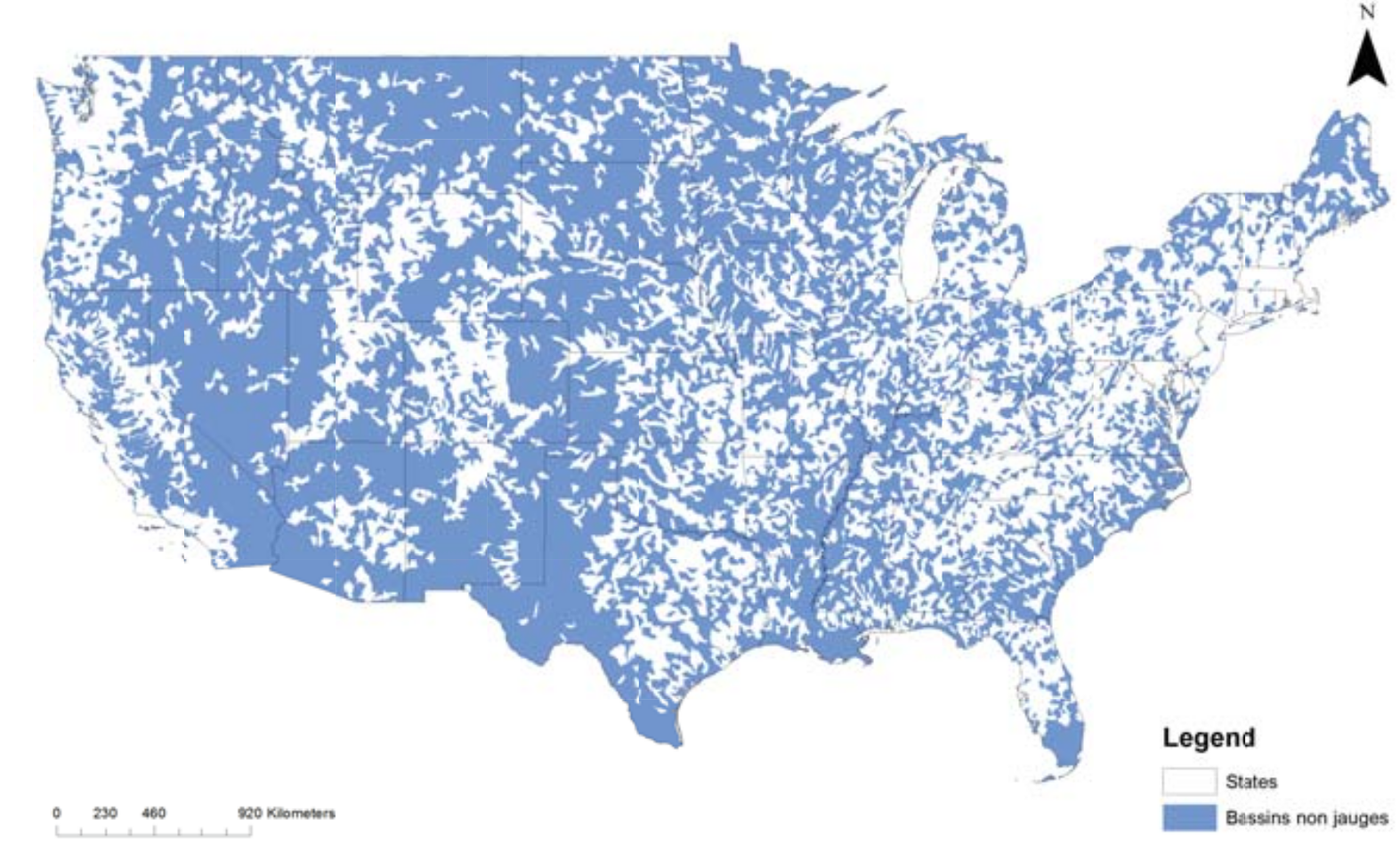 map illustrating non-monitored headwater basins