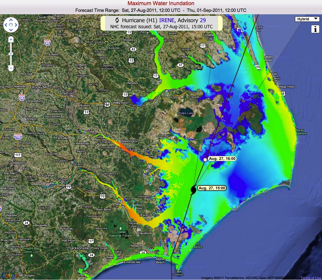 topological map of eastern North Carolina with projected flooding depths along the coast and inland rivers indicated by color
