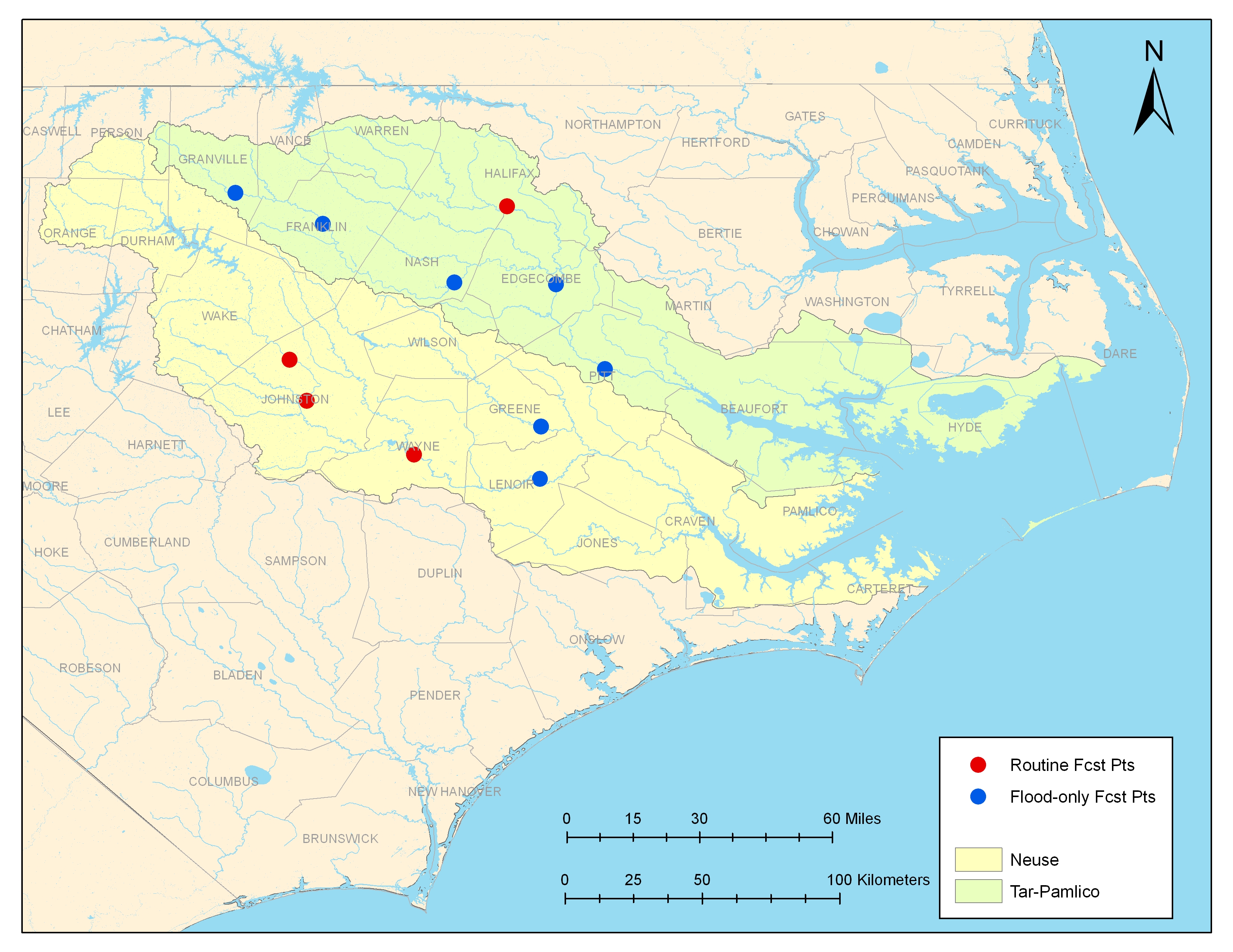 Map of the Carolina coast with icons showing NWS forecast points