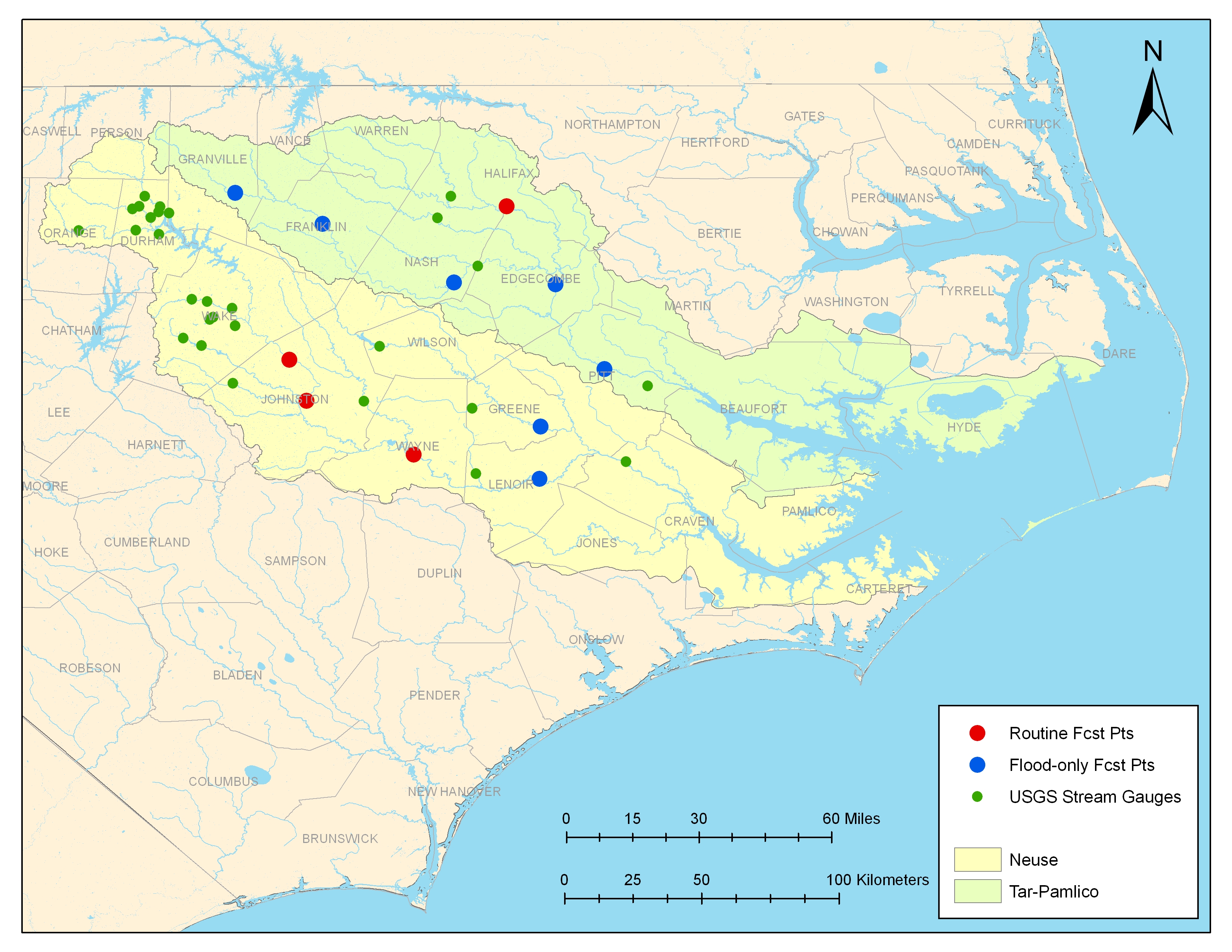 Map of the Carolina coast with icons showing NWS forecast points and USGS river flow data collection points