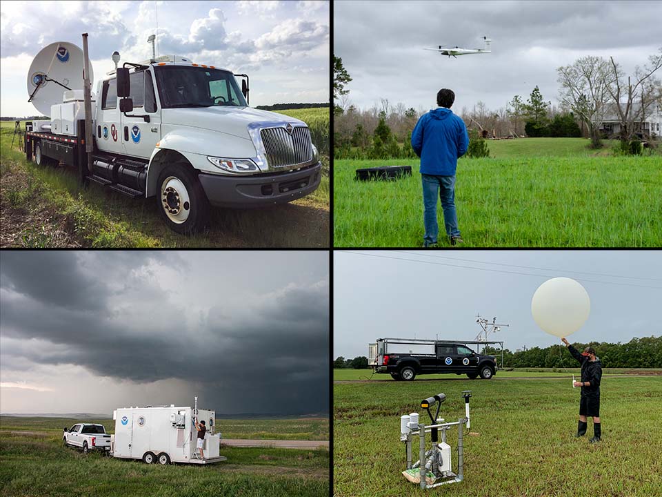 Four-panel image: 1. Mobile radar truck in a field, 2. Man flying uncrewed aircraft near woods and a house, 3. Man working on CLAMPS trailer in the field, 4. Person launching a balloon near mobile mesonet truck with other equipment nearby