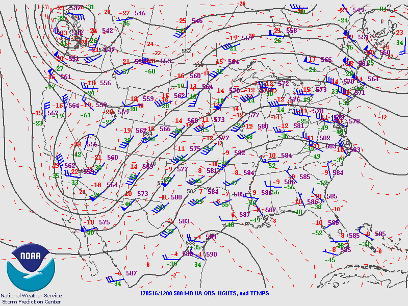 map of continental United States with wind, temperature, pressure markings