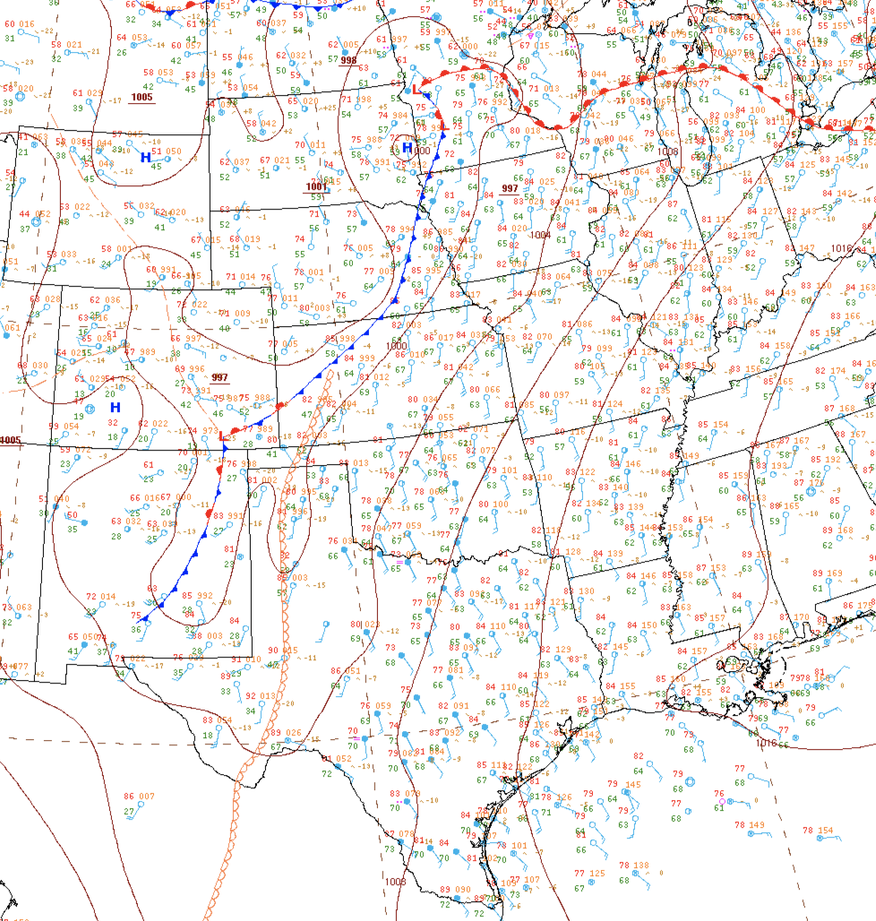 map of central United States with wind, temperature, pressure markings