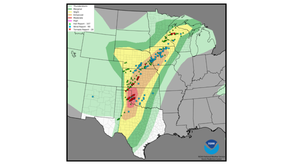 map of central United States marked up to show severe weather prediction areas