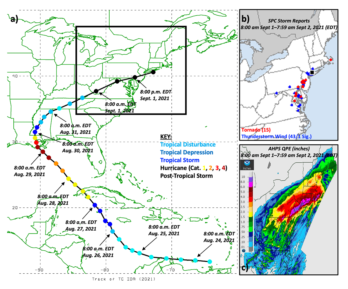 (a) map showing storm path through the Caribbean and across the eastern US, (b) map showing storm reports on map of east coast, (c) map showing estimated precipitation totals