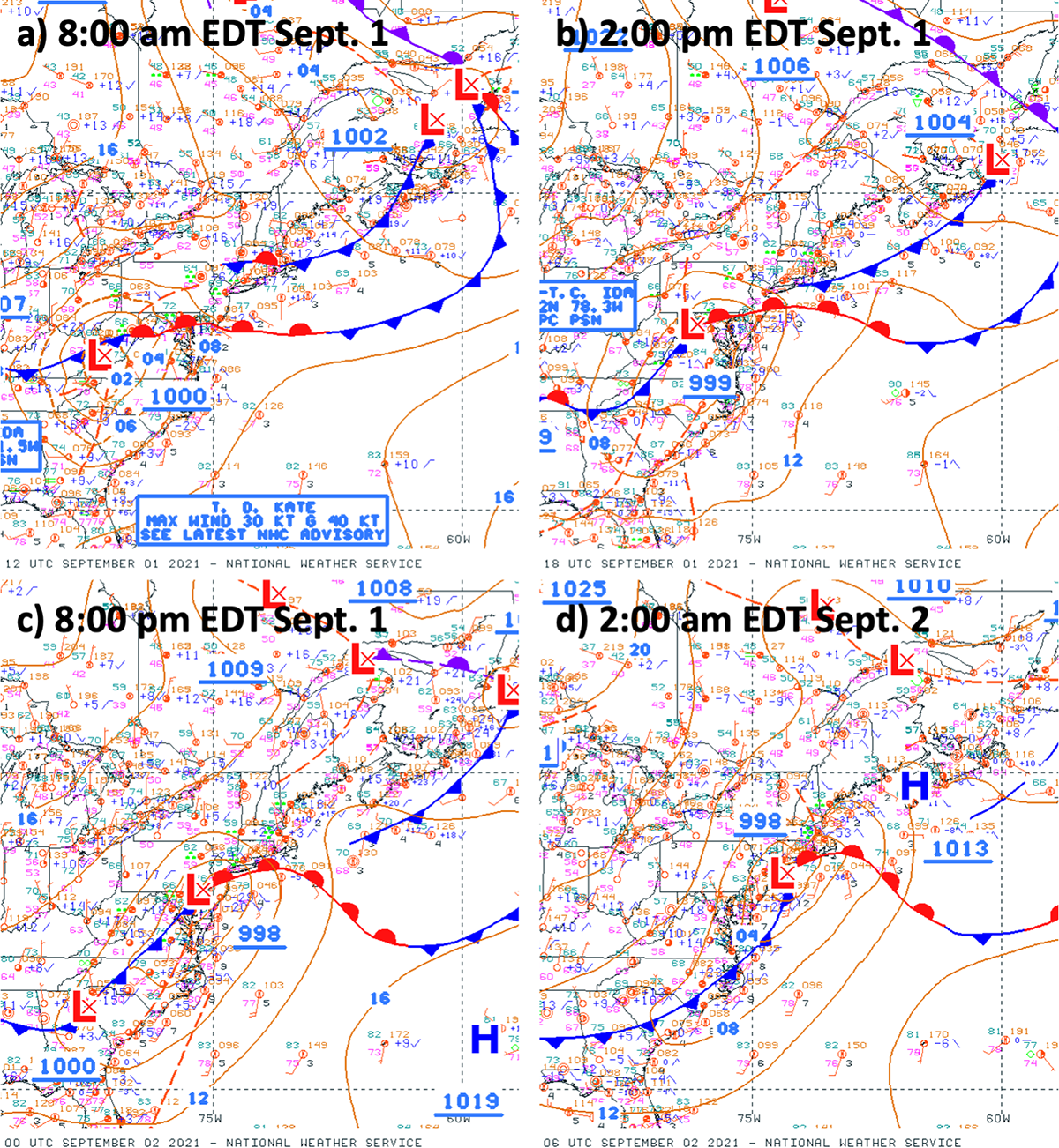 four-panel display of surface analysis maps for the eastern half of the US