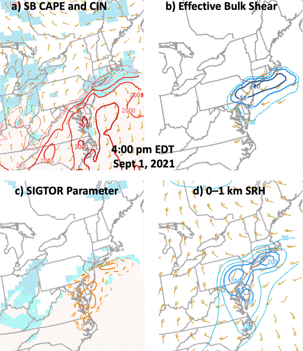 four-panel display of mesoscale analysis maps for the eastern half of the US