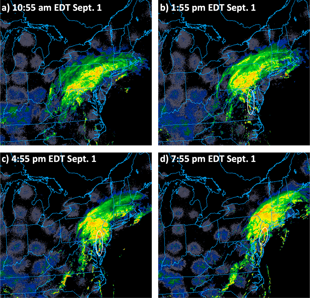 four-panel display of radar reflectivity displays for the eastern half of the US