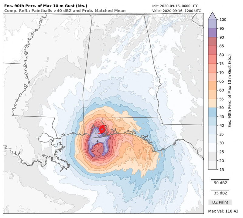 Map of the southeast US Gulf Coast from Louisiana to the Florida panhandle,showing Hurricane Sally forecast cone extending from the Louisiana/Mississippi coast northeastward into Alabama and Georgia