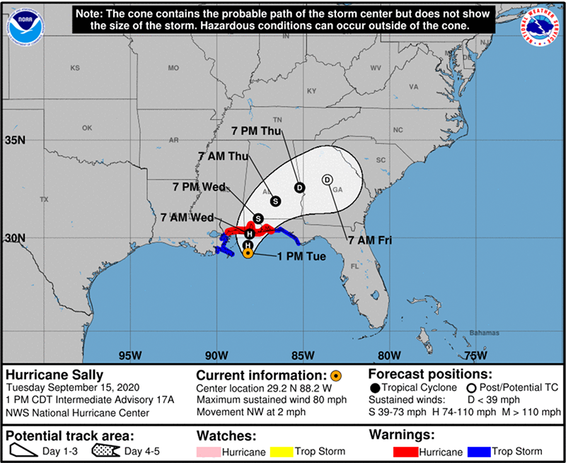 Map of the southeastern United States showing Hurricane Sally forecast cone extending from the Louisiana/Mississippi coast northeastward into Alabama and Georgia