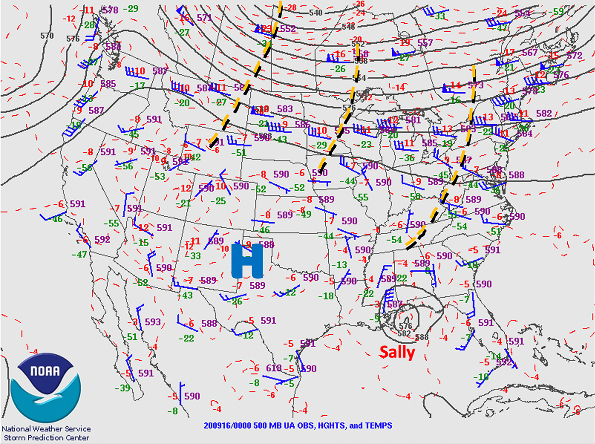 500 mb analysis, 8 pm, 15 September: map of the continental United States with temperature, wind, and pressure details and a notation for the location of Hurricane Sally over the Gulf coast