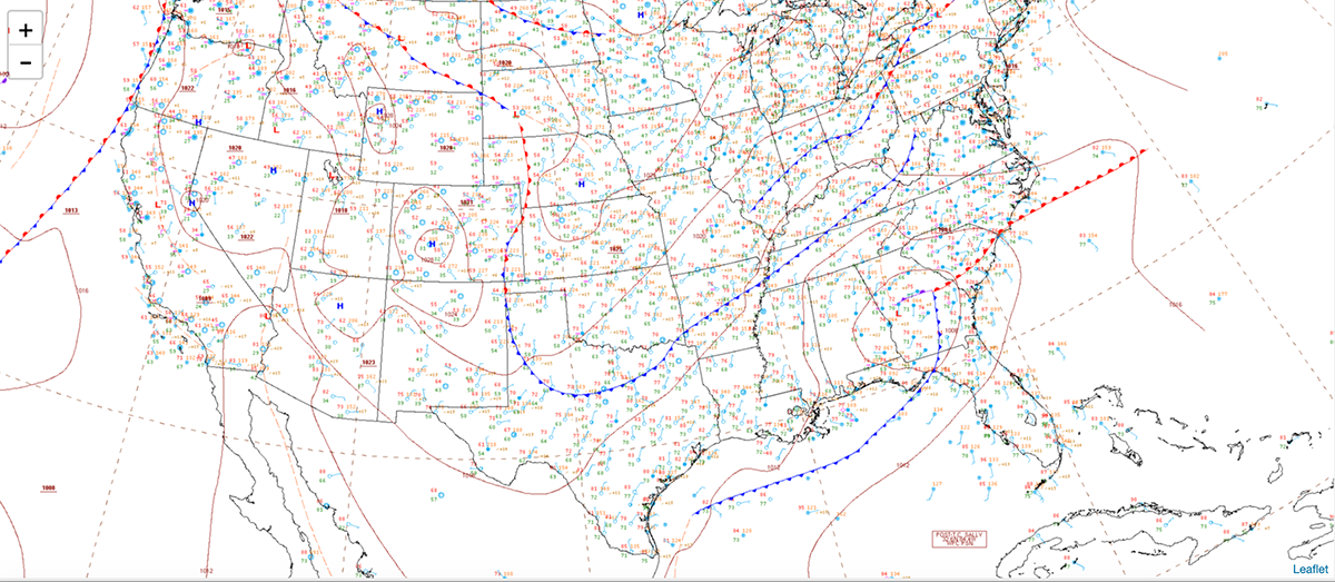 surface analysis, 8 pm, 15 September: map of the continental United States with temperature, wind, and pressure details