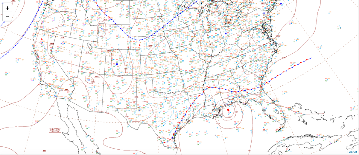 surface analysis, 11 am, 17 September: map of the continental United States with temperature, wind, and pressure details, 39 hours after the previous image