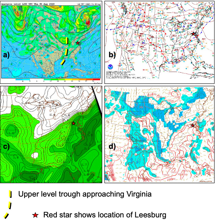 four-panel display of forecast maps for area, including upper level trough approaching Virginia and the location of Leesburg