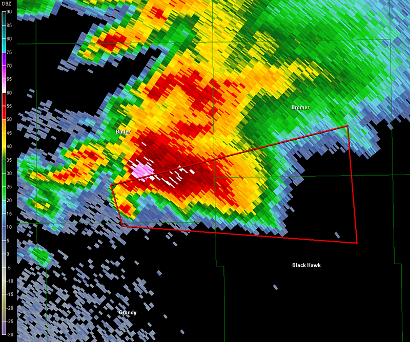 Tornado warning laid over radar display