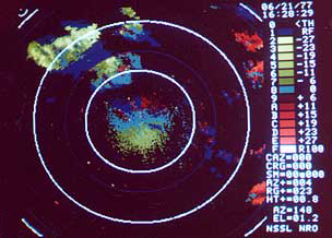 Doppler field for the radar operating with uniform PRT and no range corrections applied, but the velocity field is obtained 80 s later, when an interlaced PRT was used and range dealiased adjustments had been applied. 