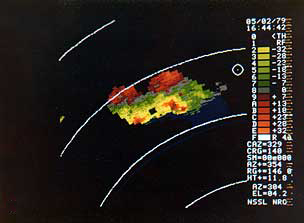 The Doppler velocity field for divergent flow near the top of storms in northwest Oklahoma, 2 May 1979.
