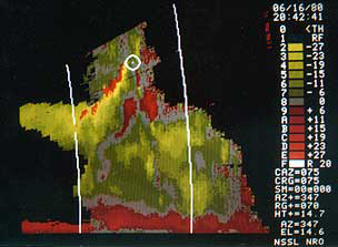 The vertical cross section of the Doppler velocity field for a storm on 16 June 1980 in central Oklahoma. 
