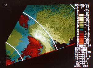 A PPI display of Doppler velocities from converging flow a few hundred meters AGL in the Edmond, Okla., tornadic storm of 8 May 1986