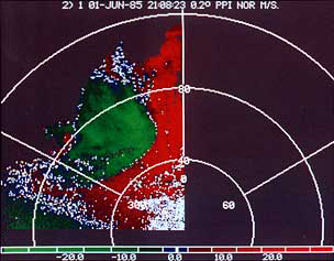 The Doppler velocity field of a density current from a cluster of storm cells that passed through central Oklahoma on 1 June 1985.